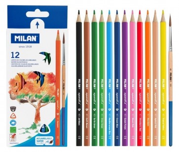 Akvareļzīmuļi 12 krāsas Milan 3-šķautņu + ota